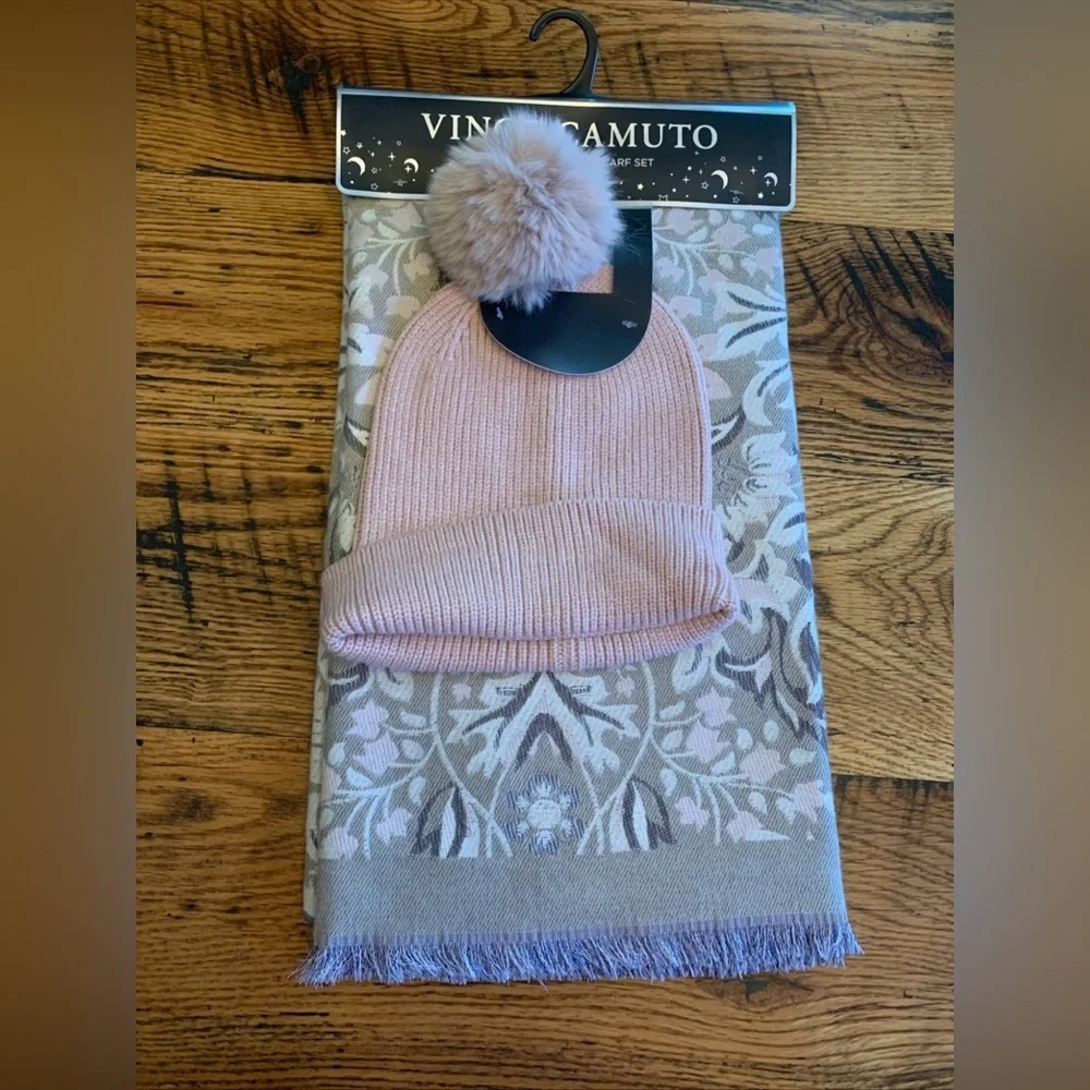 NWT Vince Camuto Neutral Plaid Wrap Scarf and Pink Pom Hat